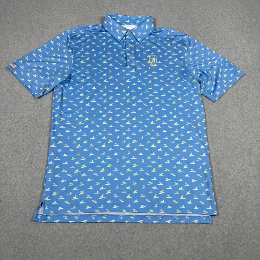 Straight Down TPC Sawgrass Golf Polo Large Blue Surfing Dog Print Performance